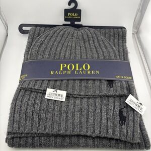 NWT Polo Ralph Lauren Mens Big Pony Grey Wool Scarf Beanie Hat 2 Piece Set
